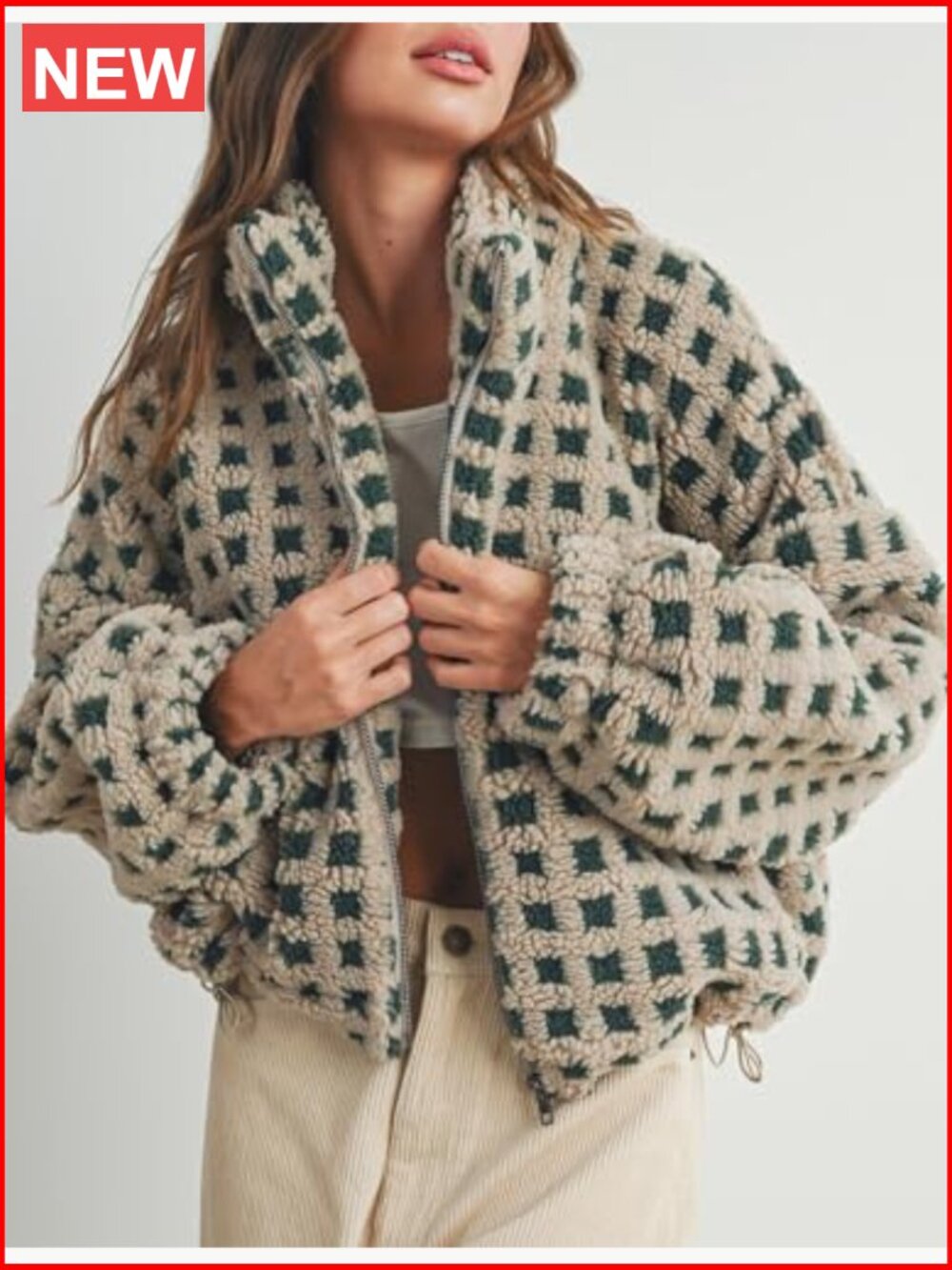 Cropped Sherpa Fleece Plaid Jacket Casual Teddy Fleece Outerwear Long Sleeve - Picture 2 of 7